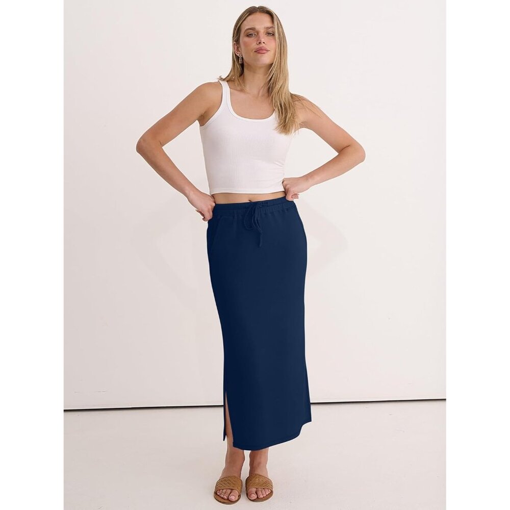 Women's Navy Blue Drawstring Side Slit Spring Casual Pencil Pockets Maxi Skirt - Picture 2 of 6
